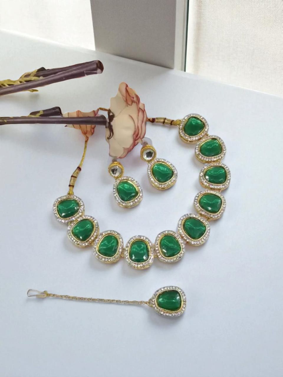 Elegant Green Stone Necklace Set with Earrings & Pendant for Women | Gift for Wife, Sister, Mother, Girlfriend | Party Wear Jewelry by PurpleStone