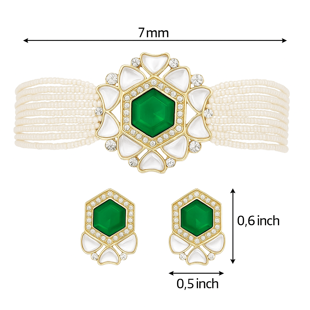 Statement Pearl Choker Necklace Set with Emerald Green Centerpiece & Matching Stud Earrings | Trendy Ethnic Vibe | Gift for Wife, Sister, Girlfriend