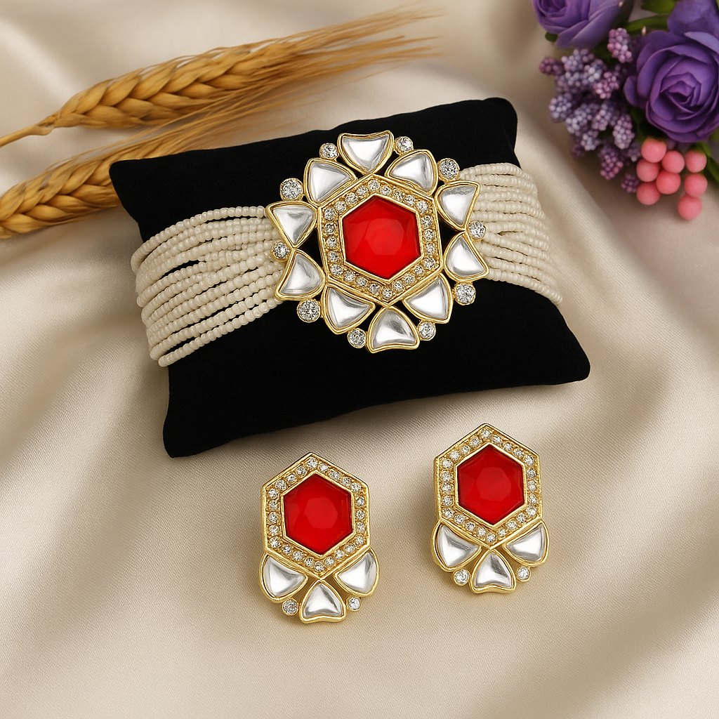 Bold Red Stone Pearl Choker Necklace Set for Women | Kundan Bridal Jewelry | Trendy Ethnic Gift for Wife, Sister, Mother, Girlfriend