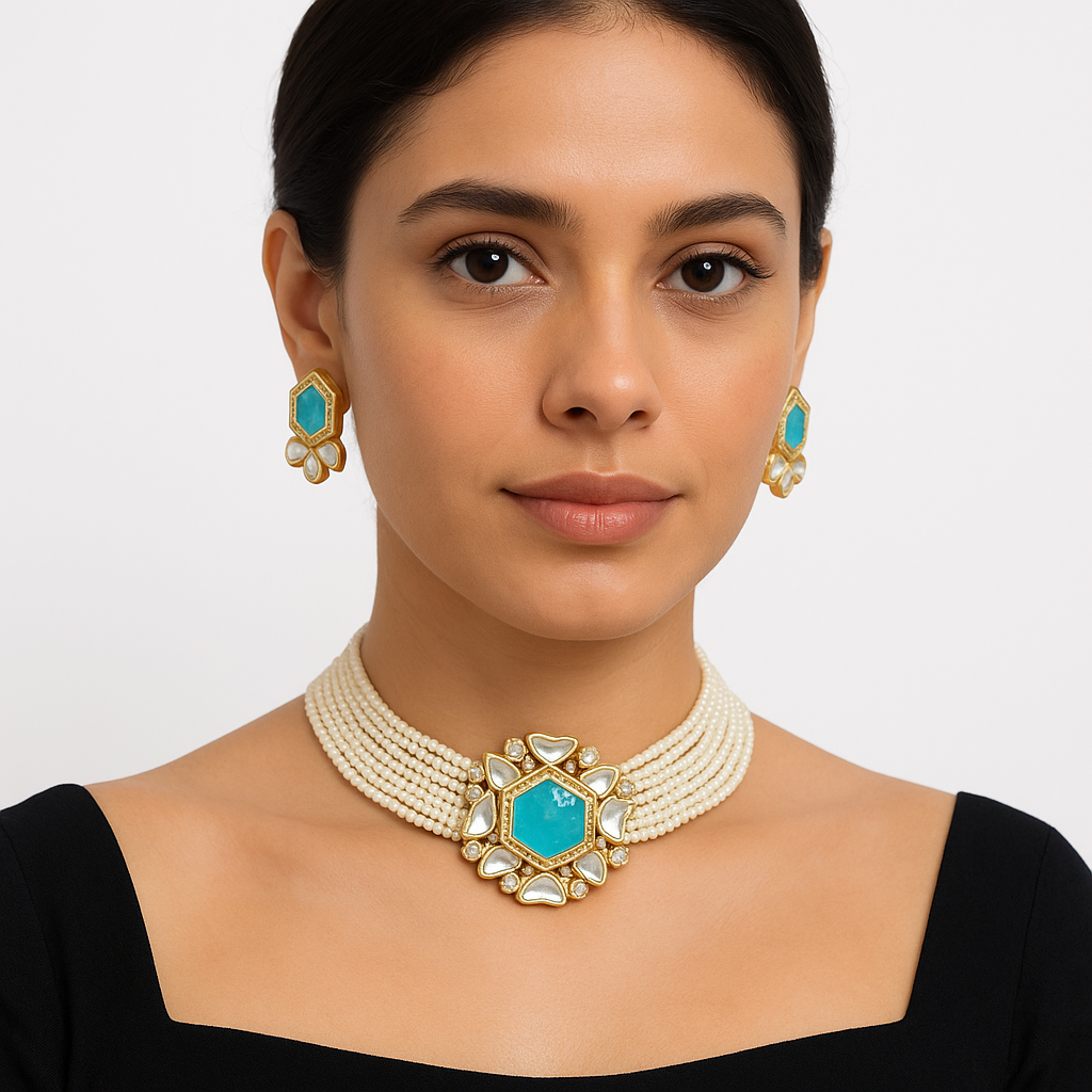 Elegant Pearl Kundan Choker Necklace Set with Blue Stone Centerpiece | Traditional Indian Bridal Jewelry | Gift for Wife, Sister, Mother, Girlfriend