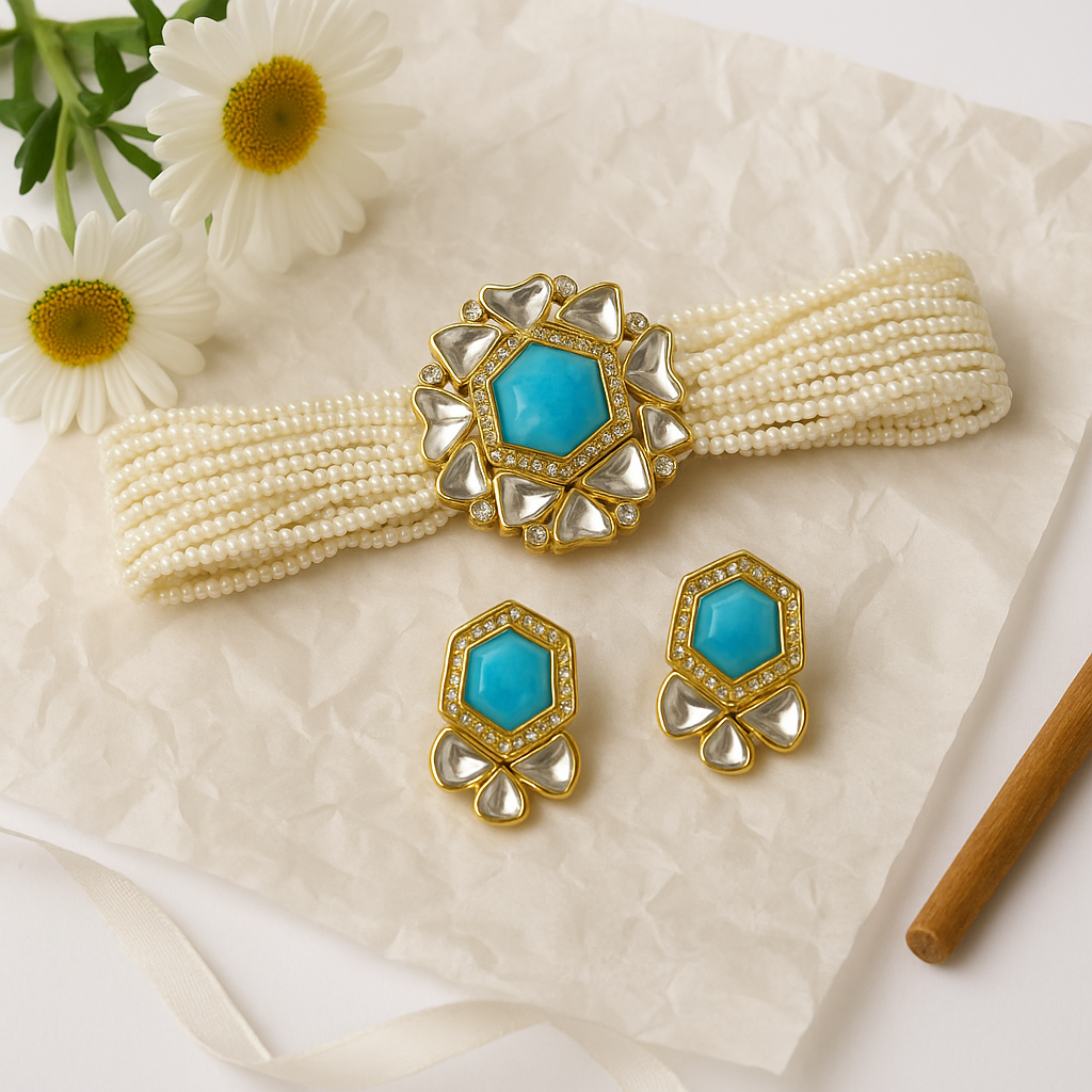 Elegant Pearl Kundan Choker Necklace Set with Blue Stone Centerpiece | Traditional Indian Bridal Jewelry | Gift for Wife, Sister, Mother, Girlfriend