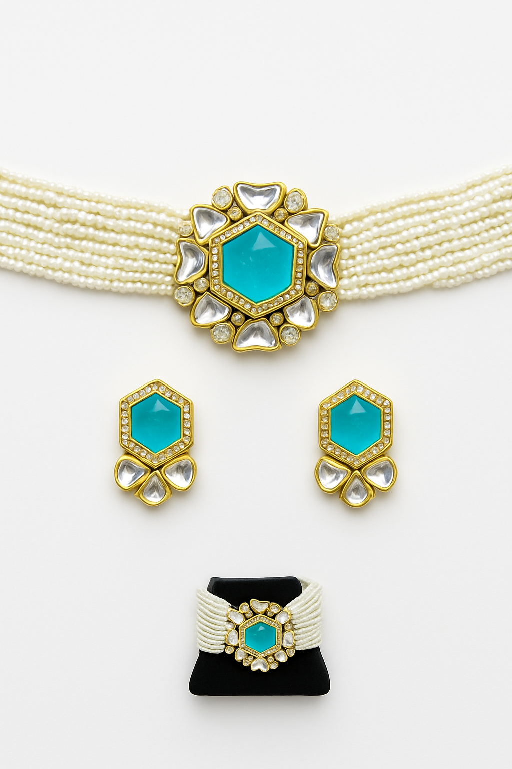 Elegant Pearl Kundan Choker Necklace Set with Blue Stone Centerpiece | Traditional Indian Bridal Jewelry | Gift for Wife, Sister, Mother, Girlfriend