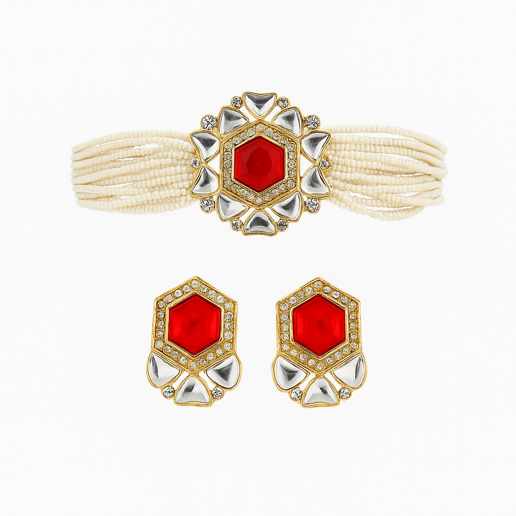 Bold Red Stone Pearl Choker Necklace Set for Women | Kundan Bridal Jewelry | Trendy Ethnic Gift for Wife, Sister, Mother, Girlfriend
