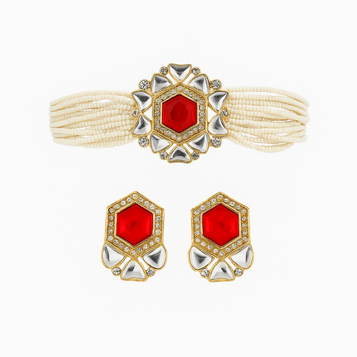 Bold Red Stone Pearl Choker Necklace Set for Women | Kundan Bridal Jewelry | Trendy Ethnic Gift for Wife, Sister, Mother, Girlfriend