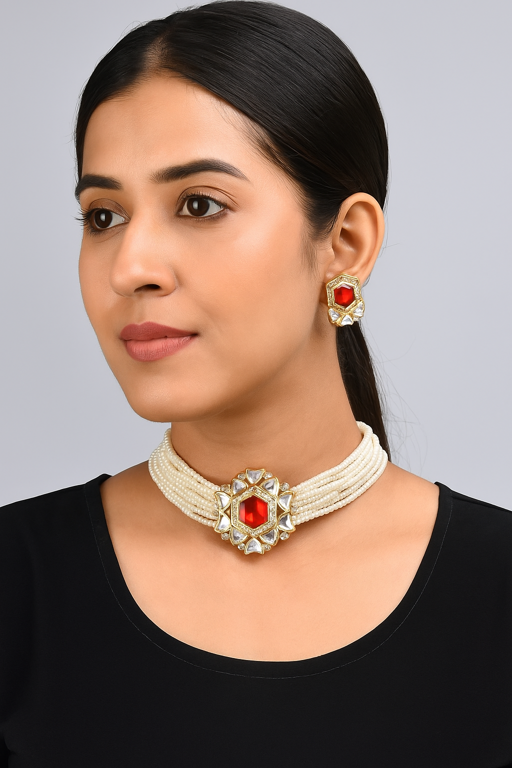 Bold Red Stone Pearl Choker Necklace Set for Women | Kundan Bridal Jewelry | Trendy Ethnic Gift for Wife, Sister, Mother, Girlfriend