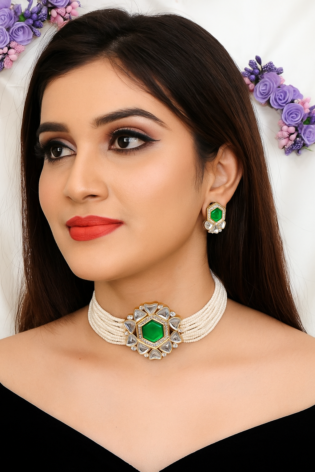 Statement Pearl Choker Necklace Set with Emerald Green Centerpiece & Matching Stud Earrings | Trendy Ethnic Vibe | Gift for Wife, Sister, Girlfriend
