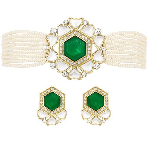 Statement Pearl Choker Necklace Set with Emerald Green Centerpiece & Matching Stud Earrings | Trendy Ethnic Vibe | Gift for Wife, Sister, Girlfriend